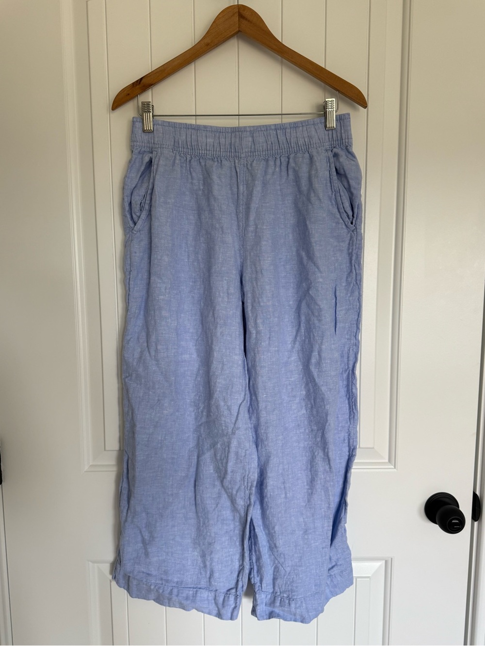 Tahari Blue Linen Wide Leg Pants Elastic Waist Crop Trouser Coastal Grandma M